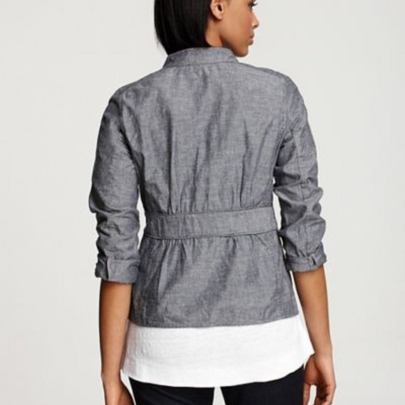 Blue Cotton Chambray Stand Collar Jacket XL - Picture 4 of 5